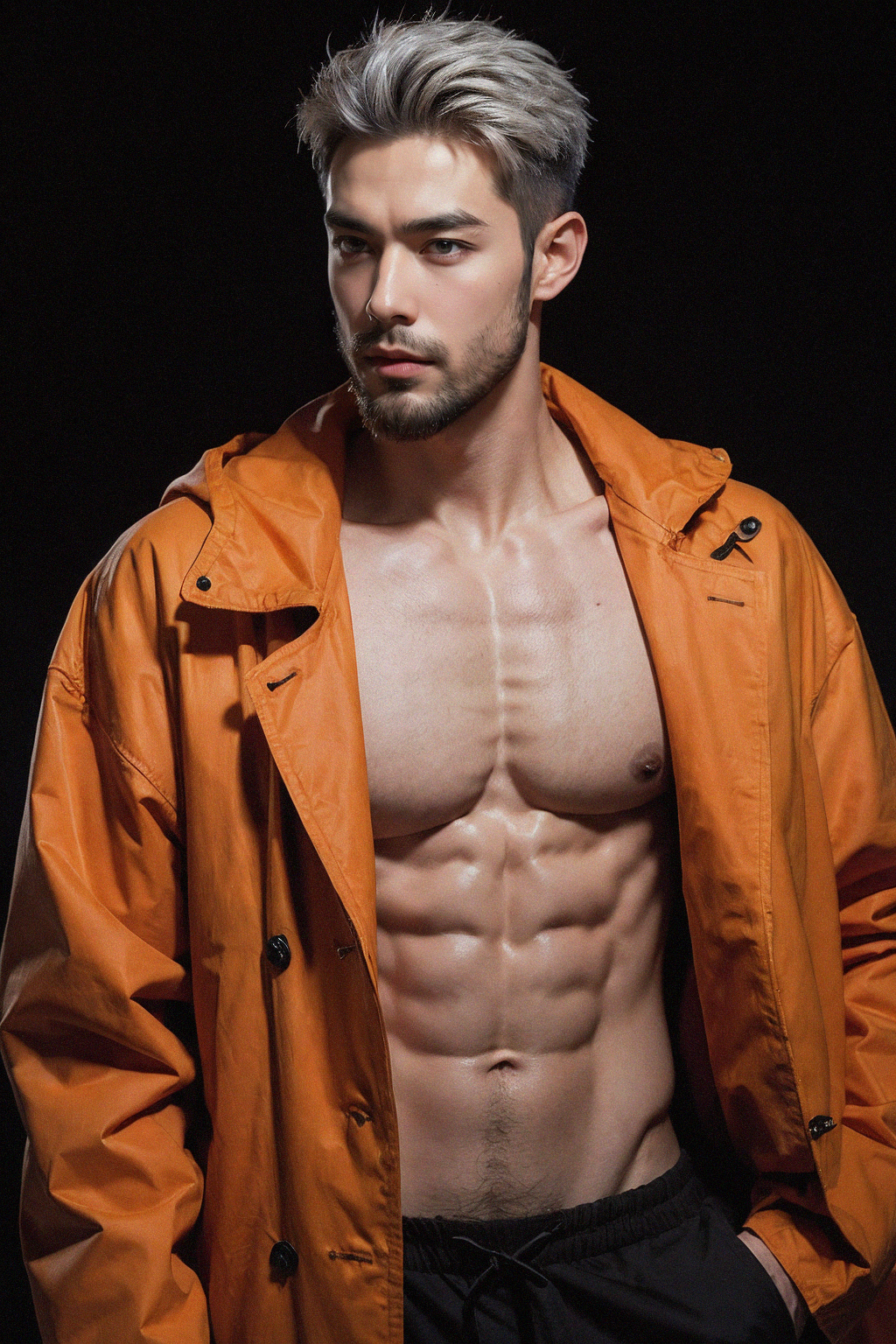 00032-1231433796-silver_hair,handsome male,beard,(orange coat_1.1),abs,black background,.png